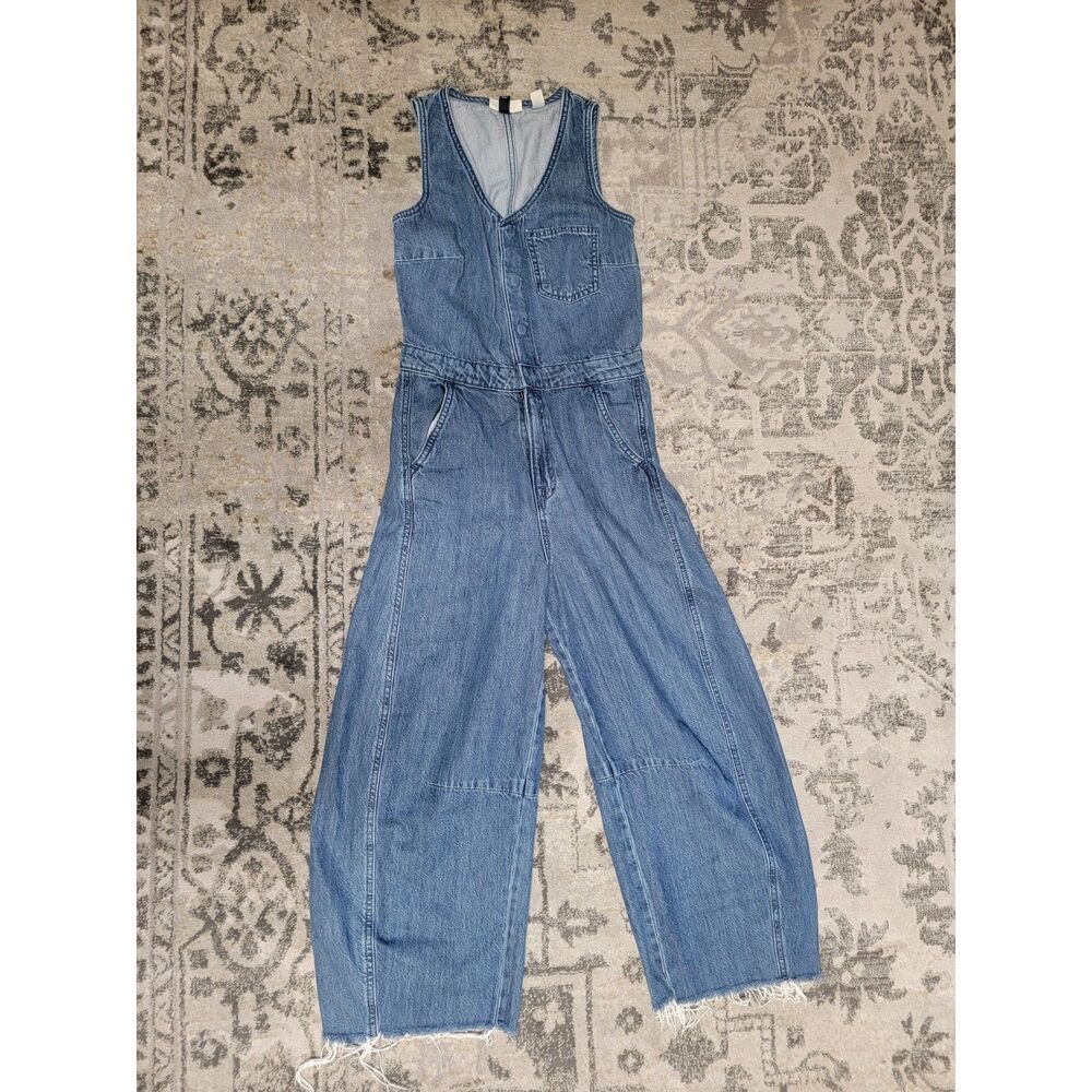 Universal Thread Denim Barrel Leg Jumpsuit Button Front Raw Hem Blue 0 XS